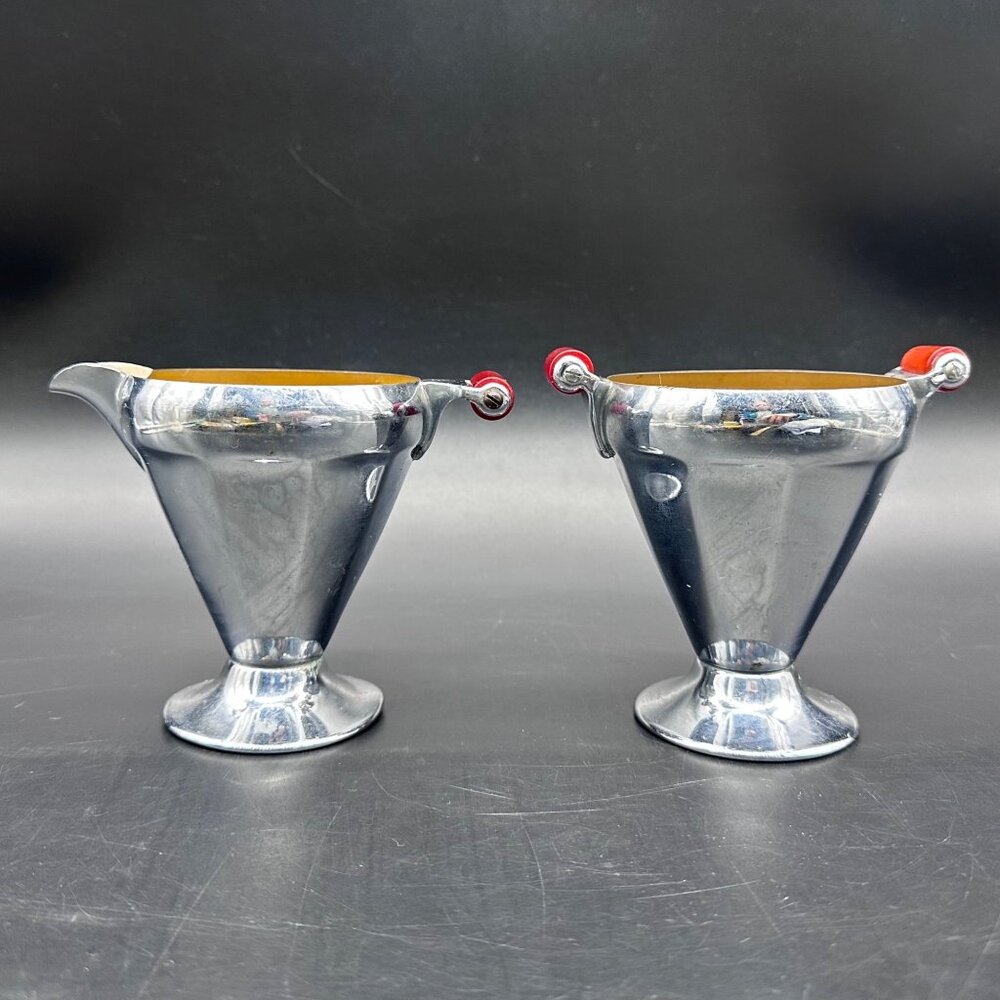 Vintage Creamer Sugar Bowl Art Deco 1930s Chrome Cherry Red Bakelite Handles - Picture 2 of 14